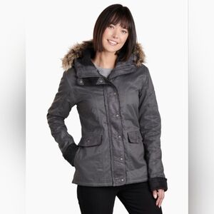 Kuhl Arktik Jacket Gray Carbon Shearling Fleece Lined Waxed Hood Coat Size Small